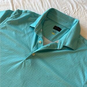Greg Norman PlayDry Wicking Polo Shirt Mens L Blue Geometric Pattern Golf Tee